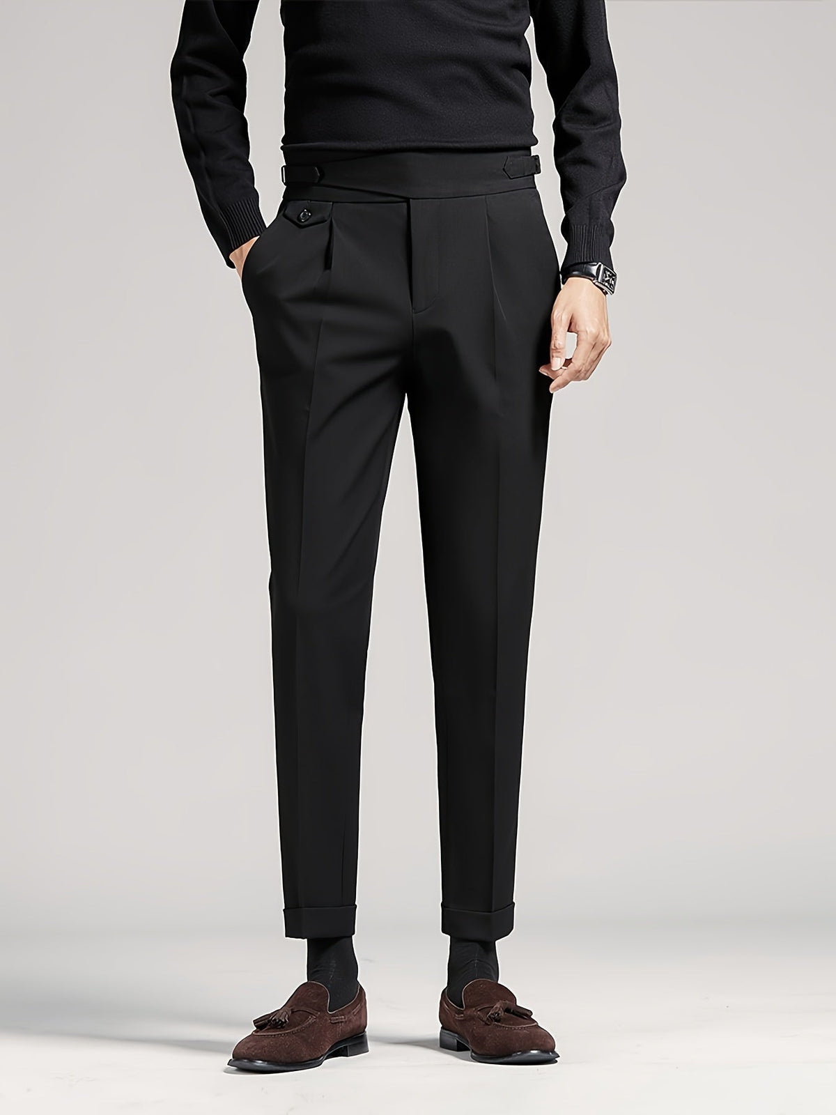 Pantalon taille haute à plis coupe fuselée pattes de serrage homme – Villedieu