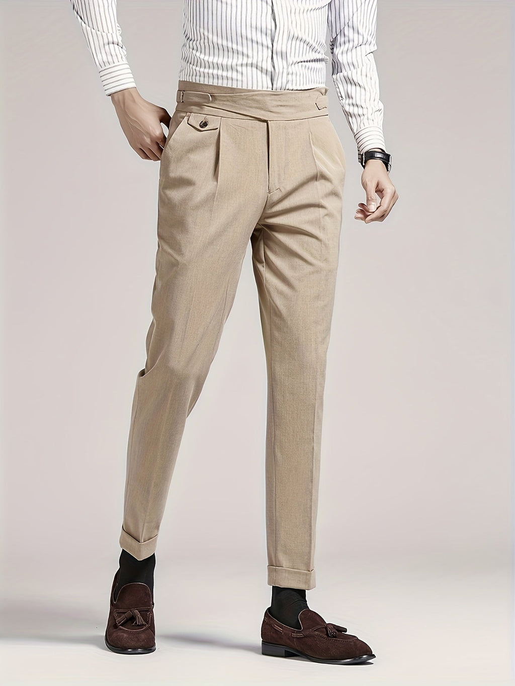 Pantalon taille haute à plis coupe fuselée pattes de serrage homme – Villedieu