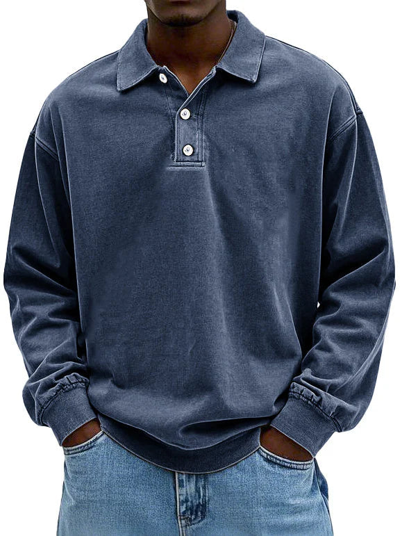 Polo manches longues aspect délavé bleu