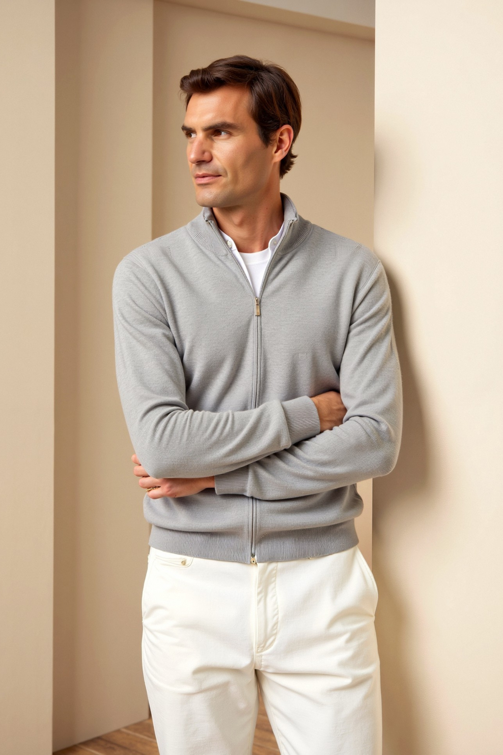 Cardigan zippé à col montant ajusté coupe élégante décontractée homme – Roquetaillade