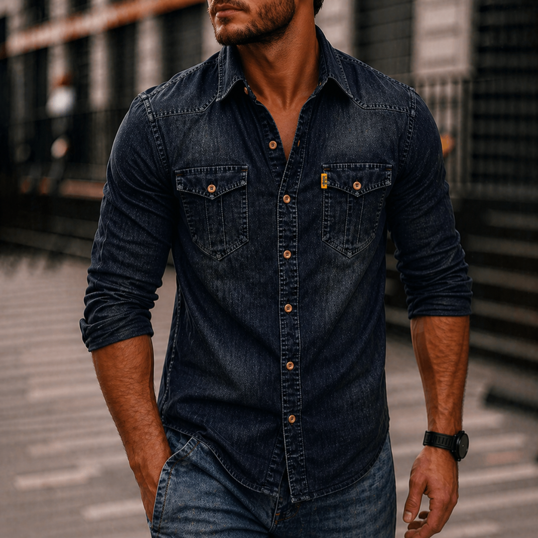 Chemise en denim à poches poitrine boutonnée manches longues homme – Beaune