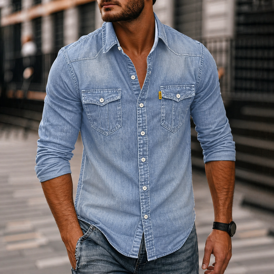 Chemise en denim à poches poitrine boutonnée manches longues homme – Beaune