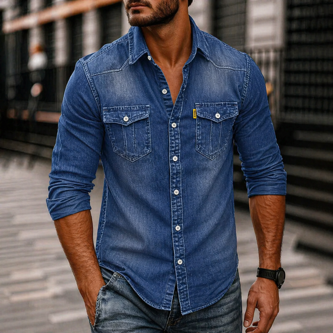 Chemise en denim à poches poitrine boutonnée manches longues homme – Beaune