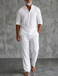 Ensemble en lin col Henley manches longues et pantalon décontracté homme – Erquy