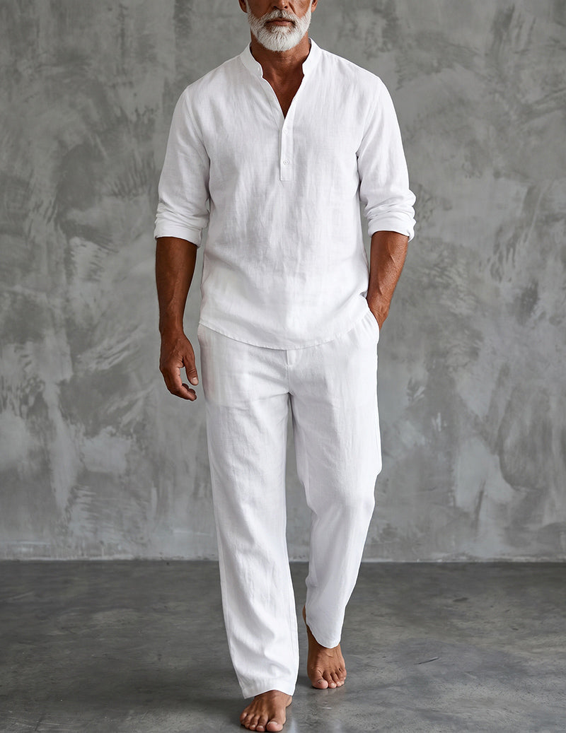 Ensemble en lin col Henley manches longues et pantalon décontracté homme – Erquy