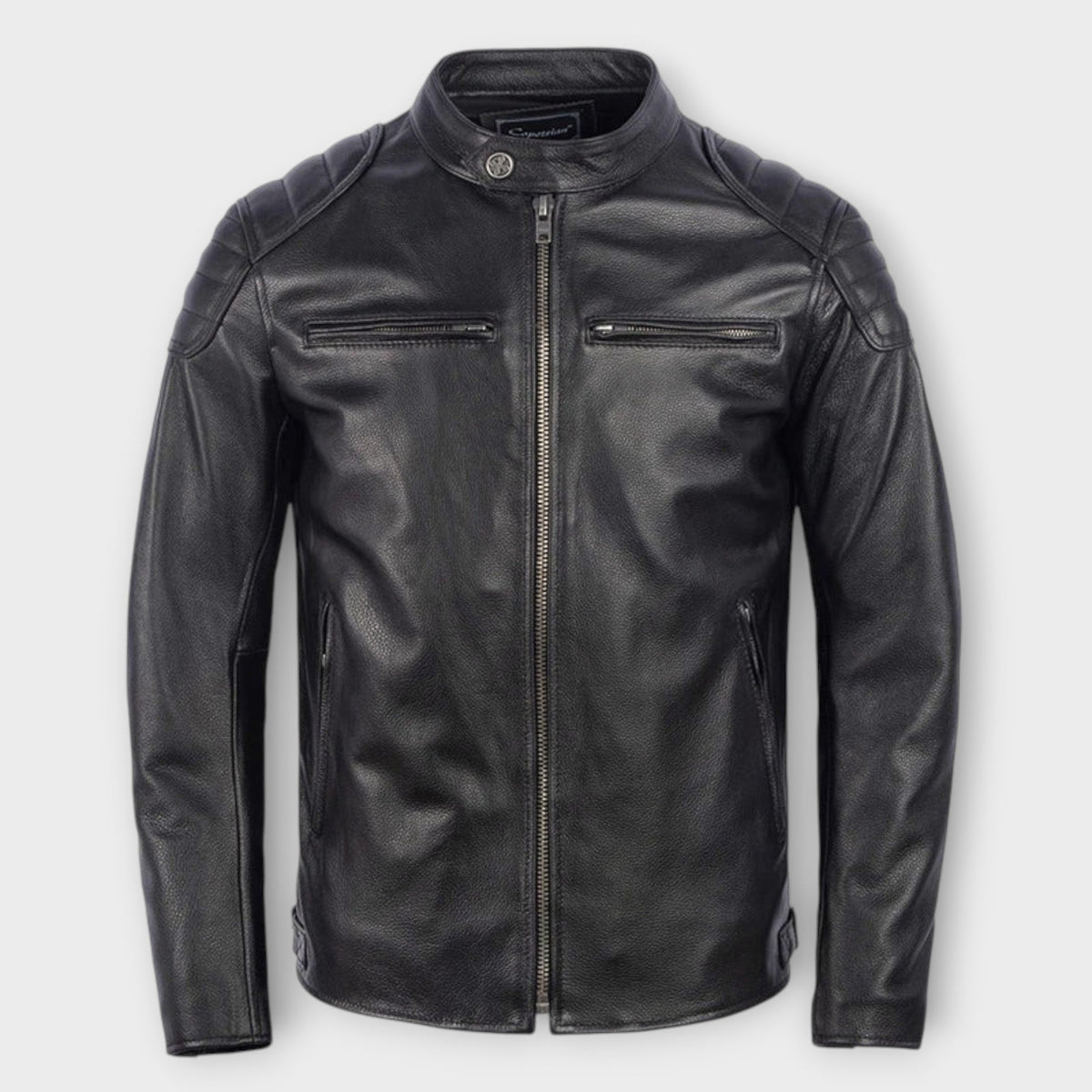 Veste effet cuir patiné marron col montant