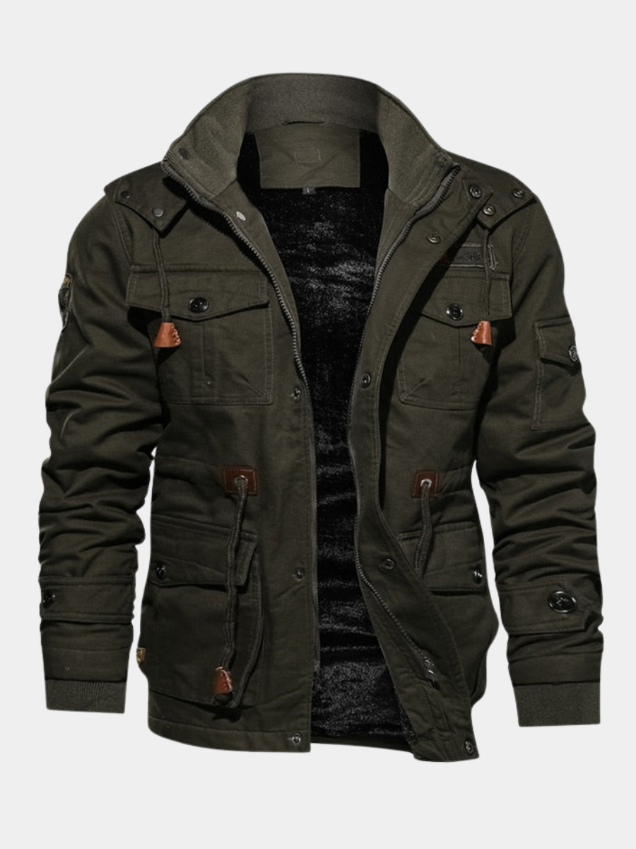 Veste utilitaire à capuche homme coloris vert, vue de face ouverte sur la doublure